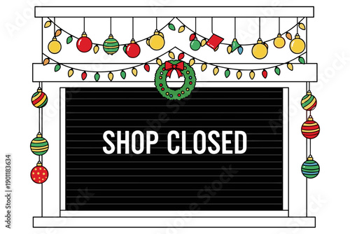 Festive Christmas decoration with a shop closed sign on a blackboard, symbolizing business closure during the holiday season