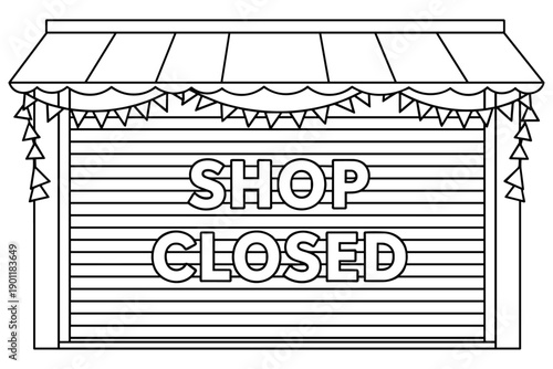 Outline drawing of a closed store with a roller shutter and festive garlands, symbolizing a business pause, temporary closure, or holiday break