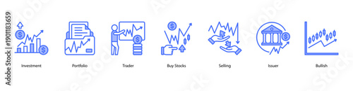 Investment Strategies web banner icon vector illustration featuring Investment, Portfolio, Trader, Buy Stocks, Selling, Issuer, and Bullish.