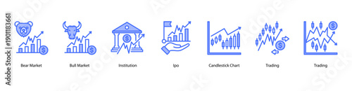 Market Trends web banner icon vector illustration featuring Bear Market, Bull Market, Institution, IPO, Candlestick Chart, Trading, and Trading.