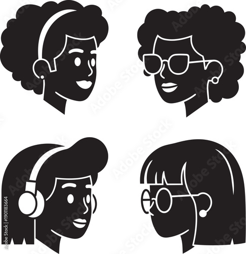 Four cartoon-style women wearing headphones and glasses are depicted in profile views