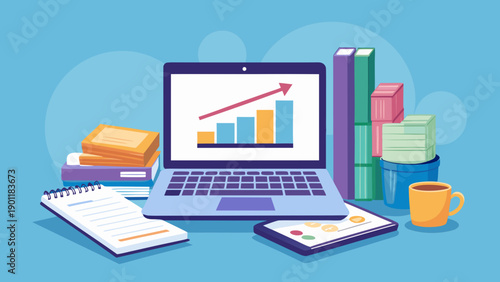Analyzing business growth metrics on a laptop with charts and documents nearby isolated on white background, Vector