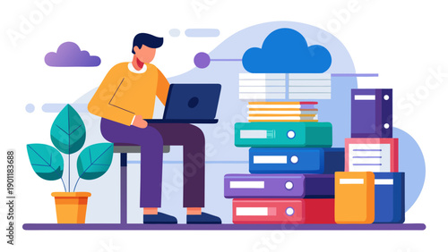 A person learning and working in a cozy, modern home office environment with technology and nature elements. isolated on white background, Vector