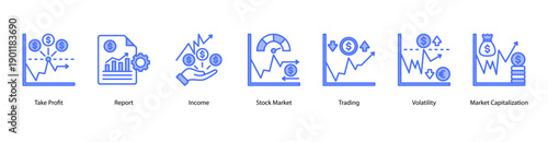 Market Overview web banner icon vector illustration featuring Take Profit, Report, Income, Stock Market, Trading, Volatility, and Market Capitalization.