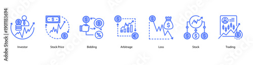 Stock Operations web banner icon vector illustration featuring Investor, Stock Price, Bidding, Arbitrage, Loss, Stock, and Trading.