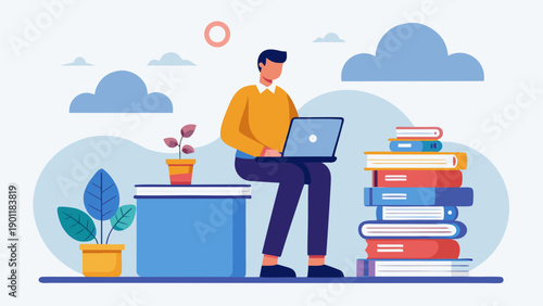 A focused student studying amidst a variety of books and a laptop in a cozy home environment isolated on white background, Vector