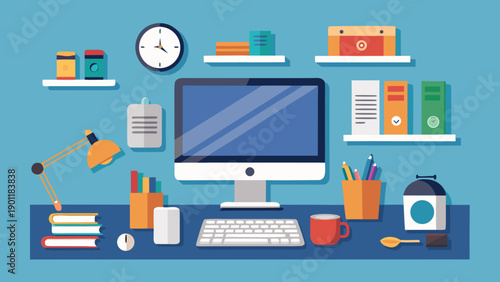 Modern workspace featuring technology and health-related items on a desk. isolated on white background, Vector