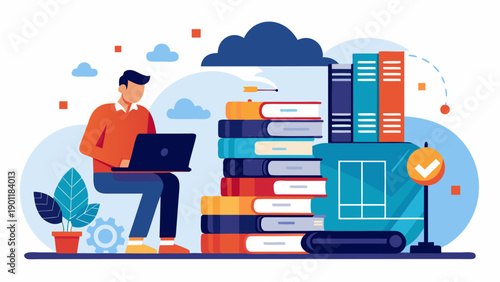 Students collaborating and organizing books in a study area for academic success isolated on white background, Vector