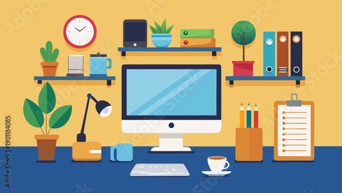 A vibrant workspace featuring a computer setup with office supplies and decorative elements. isolated on white background, Vector