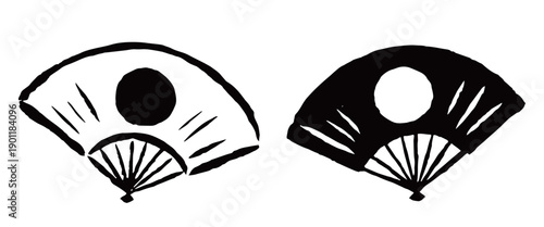 日の丸扇子　筆タッチ手描き　単色線画