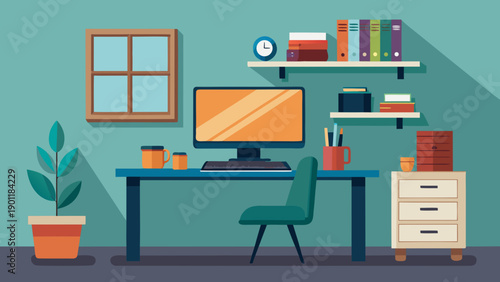 A cozy home office workspace with a neatly arranged desk and modern decor isolated on white background, Vector