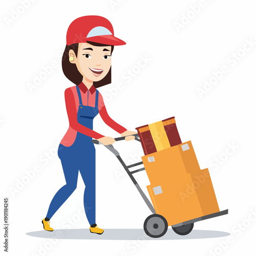 Delivery Woman Pushing Hand Truck with Boxes, Moving and Logistics