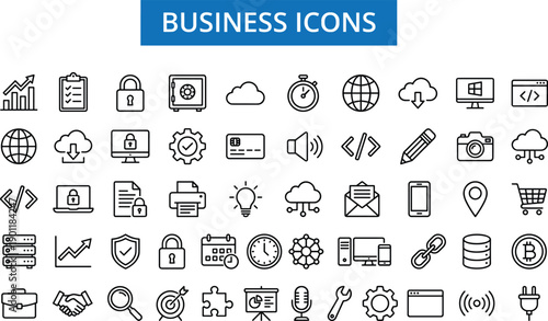Business line icons set featuring finance technology marketing communication security analytics symbols for web app interface ui and startup design
