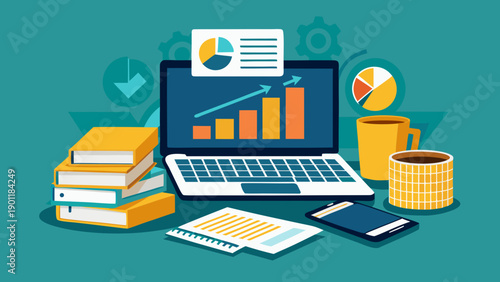 Professional using a laptop for data analysis and financial planning with charts and documents isolated on white background, Vector