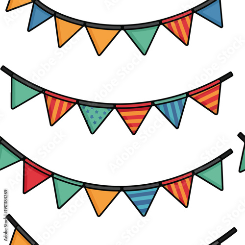 Colorful triangular bunting flags hanging from black strings against a clean space, an illustrative graphic design element for festive occasions
