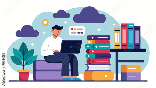 A focused researcher surrounded by books and plants in a study environment. isolated on white background, Vector