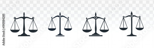 Set of justice scale icons in clean black flat vector style, balanced legal symbols ideal for law firms, legal services, court themes, websites, apps, infographics, branding, and professional design 