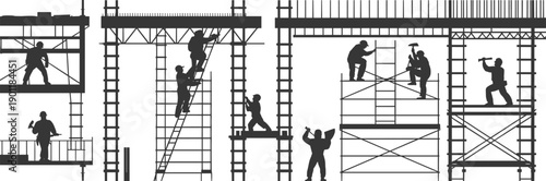 Construction scaffolding silhouettes showing workers building structures with ladders platforms safety teamwork for industrial architecture illustration design projects vector art