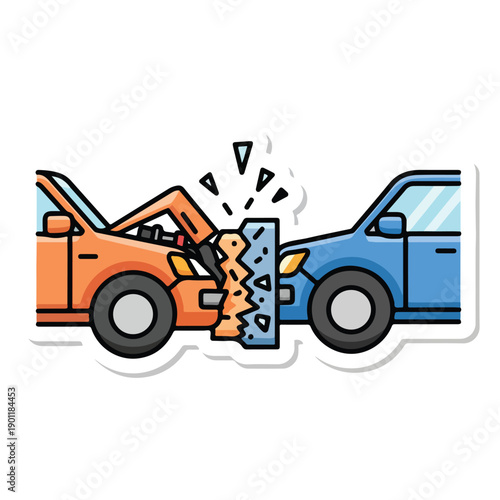 Car crash scene between two vehicles, front-end collision, cartoon illustration, vector graphics, dynamic action, vehicle damage, cartoon style, traffic accident, road safety, crash test