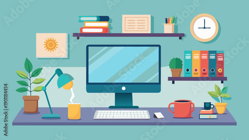 A vibrant workspace featuring a computer surrounded by office essentials and plants. isolated on white background, Vector