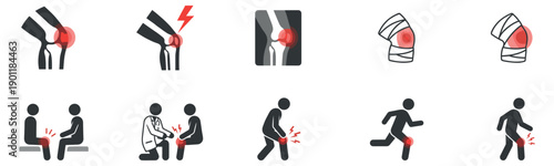 Knee pain icon. Leg joint and pain. Arthritis knee joint pain icon set. Knee joint icon. Arthritis icons. Vector illustration.