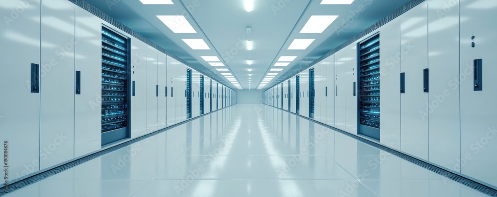 Fototapeta premium Modern IT data center corridor with white server racks and blue system lights, idea for cloud infrastructure, enterprise computing, and secure network operations
