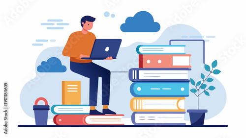 A person working remotely with cloud technology and digital tools around them isolated on white background, Vector