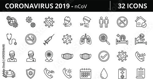Coronavirus 2019 nCoV line icons set featuring covid prevention medical healthcare safety quarantine symptoms emergency support symbols for web app ui design