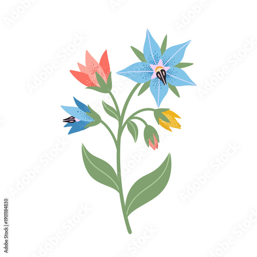 Stylized Digital Illustration of Vibrant Blue Pink and Yellow Flowers with Green Leaves