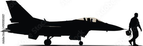 Military fighter jet silhouette on runway with pilot walking, air force aviation mission concept, modern combat aircraft vector illustration