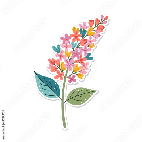 Colorful Illustrated Flower Branch with Blossoms and Leaves