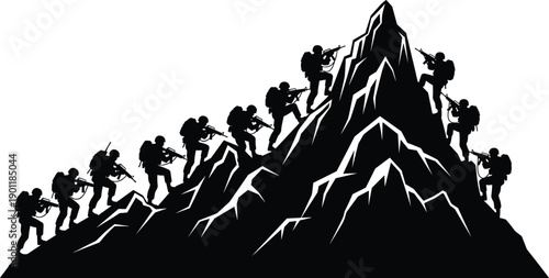 Military mountain assault silhouettes, armed soldiers climbing steep peak with rifles, tactical squad advance, extreme terrain combat mission, isolated illustration