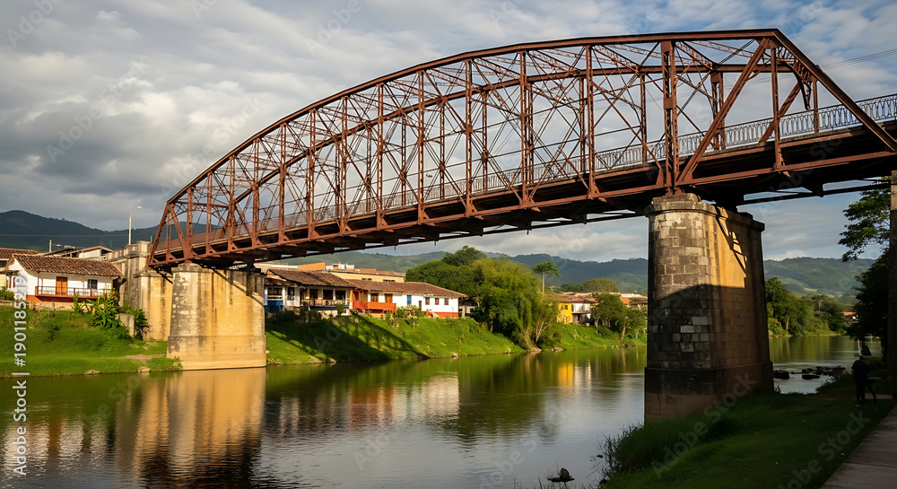 Fototapeta premium A majestic steel bridge spans over a calm river, connecting two lush green landscapes