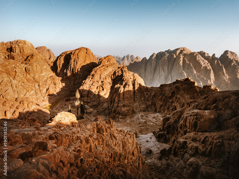 Obraz premium Mount Sinai mountains in Egypt rocky desert landscape sacred landmark historic pilgrim trail aerial view, travel destinations eco tourism biblical places