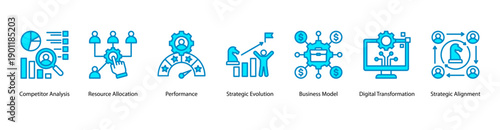 Strategic Alignment web banner vector illustration featuring Competitor Analysis, Resource Allocation, Performance, Strategic Evolution, Business Model, and Digital Transformation.