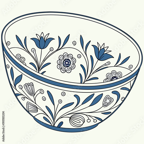 Minimal hand-drawn ceramic bowl with blue floral patterns,