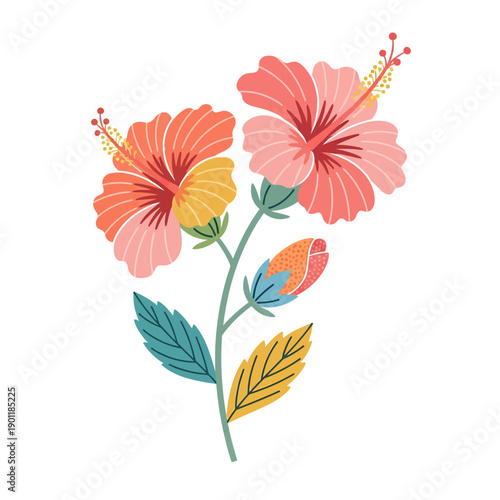 Stylized Hibiscus Flower Illustration with Vibrant Colors and Artistic Design