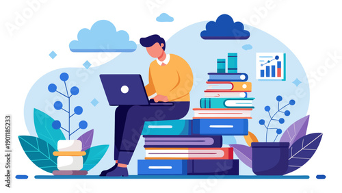 A professional analyzing financial data and charts on a laptop with coffee and plants nearby isolated on white background, Vector