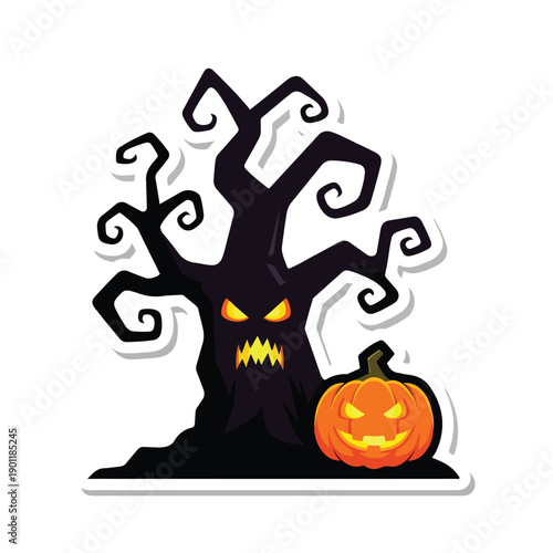 Spooky tree with glowing eyes and carved pumpkin beside it on Halloween night illustration