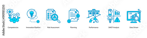 Data Driven Strategy web banner vector illustration featuring Competencies, Innovation Pipeline, Risk Assessment, Planning, Performance, SWOT Analysis, and Data Driven.