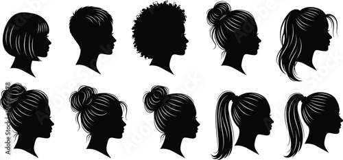 Female Haircut Silhouette Collection Featuring Various Hairstyles Like Pixie Cut Bob Curly Afro Messy Bun Ponytail and Elegant Updo Vector Icons for Beauty Salon Fashion Design