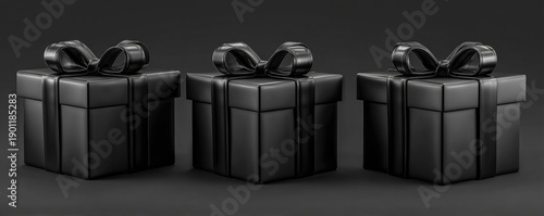 Three elegant black gift boxes with bows on dark background