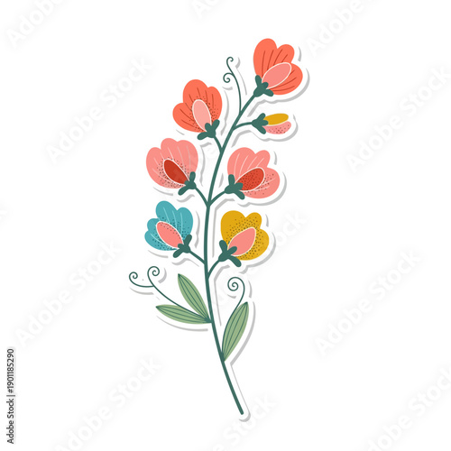 Stylized Floral Illustration of Colorful Flowers with Green Leaves