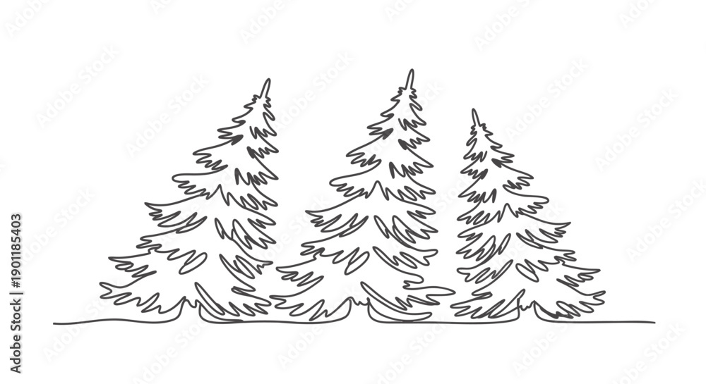 Obraz premium vector illustration of three pine trees in a line, minimalist black outline, for website or presentation, Isolated on transparent background, png