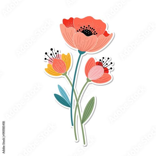 Stylized Floral Illustration of Poppies with Bright Colors and Detailed Petals