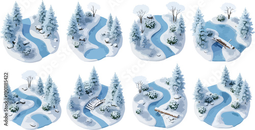 Snowy river path in forest