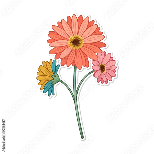 Colorful Digital Illustration of Bright Gerbera Flowers with Green Stems