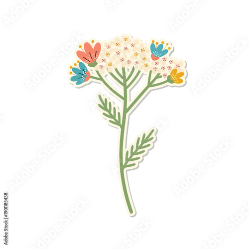 Stylized Illustration of a Flowering Plant with Colorful Blossoms and Butterflies