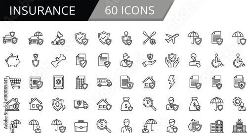 Insurance line icons set featuring protection coverage finance health property vehicle risk management security symbols for web app interface ui and corporate design