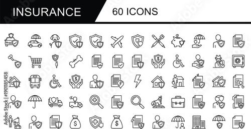 Insurance line icons set featuring protection coverage finance health property vehicle security symbols for web app interface ui and corporate design